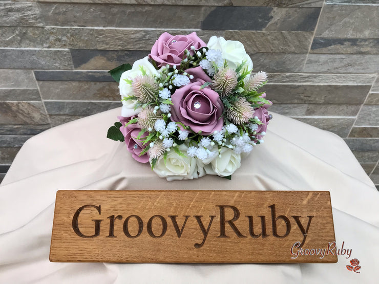 Light Pink Thistle With Foam Roses & Gypsophila