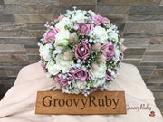 Light Pink Thistle With Foam Roses & Gypsophila