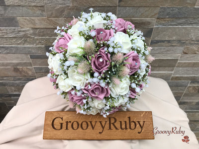 Light Pink Thistle With Foam Roses & Gypsophila