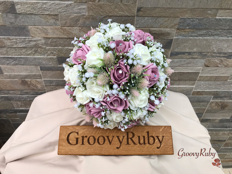 Light Pink Thistle With Foam Roses & Gypsophila