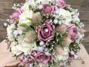 Light Pink Thistle With Foam Roses & Gypsophila