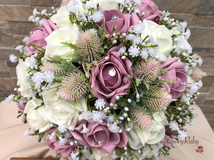 Light Pink Thistle With Foam Roses & Gypsophila