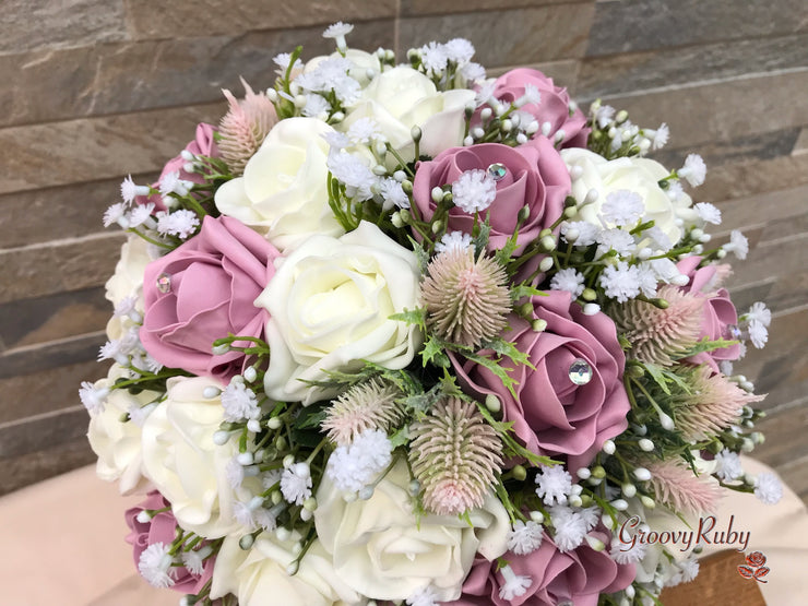 Light Pink Thistle With Foam Roses & Gypsophila
