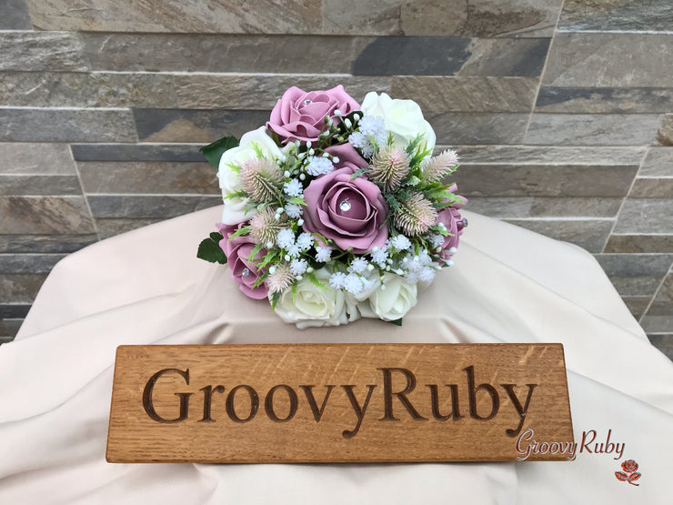 Light Pink Thistle With Foam Roses & Gypsophila