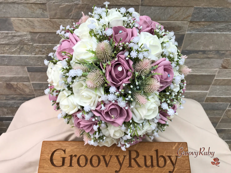 Light Pink Thistle With Foam Roses & Gypsophila