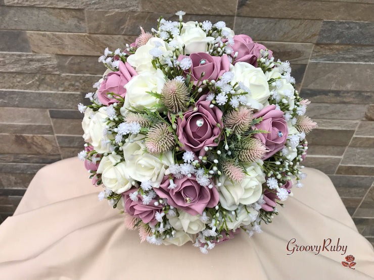 Light Pink Thistle With Foam Roses & Gypsophila