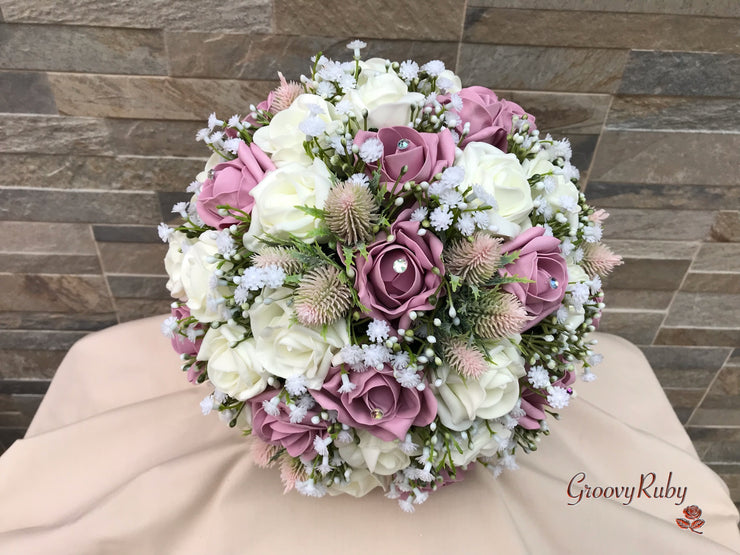 Light Pink Thistle With Foam Roses & Gypsophila