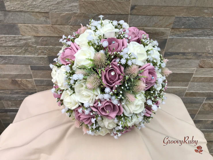 Light Pink Thistle With Foam Roses & Gypsophila