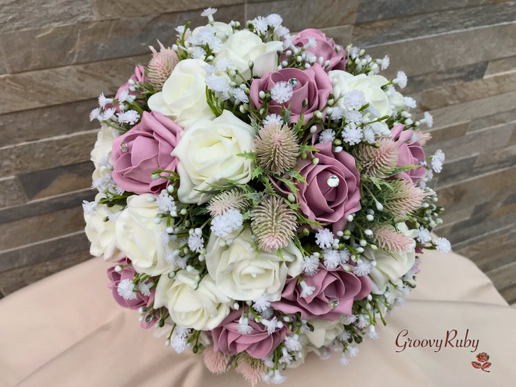 Light Pink Thistle With Foam Roses & Gypsophila