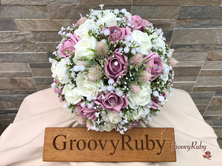 Light Pink Thistle With Foam Roses & Gypsophila