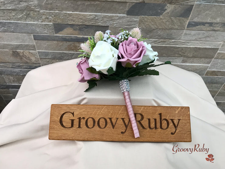 Light Pink Thistle With Foam Roses & Gypsophila
