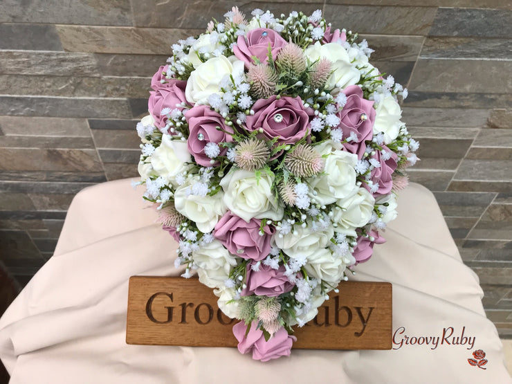 Light Pink Thistle With Foam Roses & Gypsophila