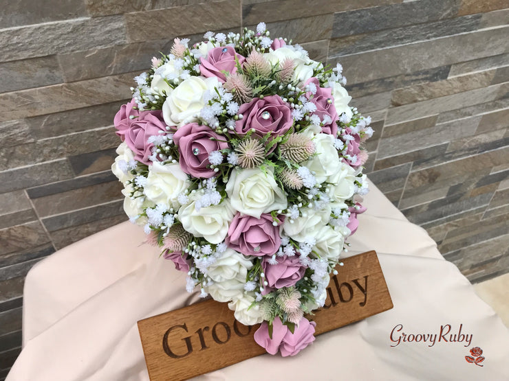 Light Pink Thistle With Foam Roses & Gypsophila