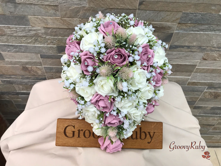 Light Pink Thistle With Foam Roses & Gypsophila