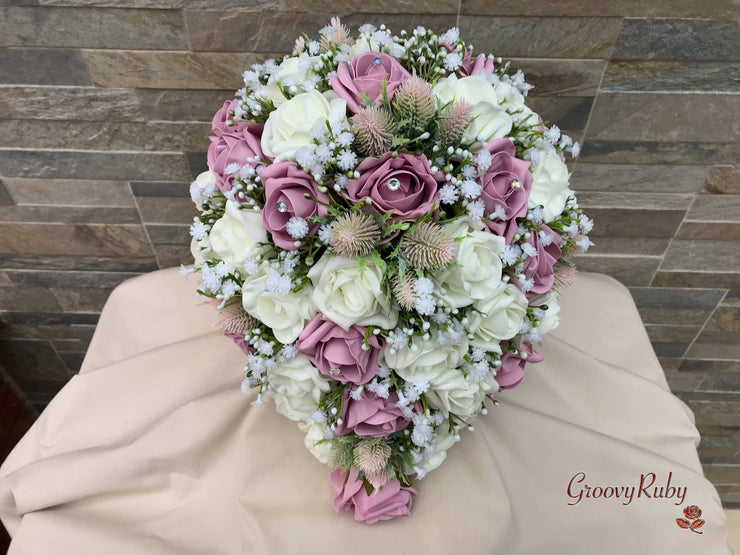 Light Pink Thistle With Foam Roses & Gypsophila