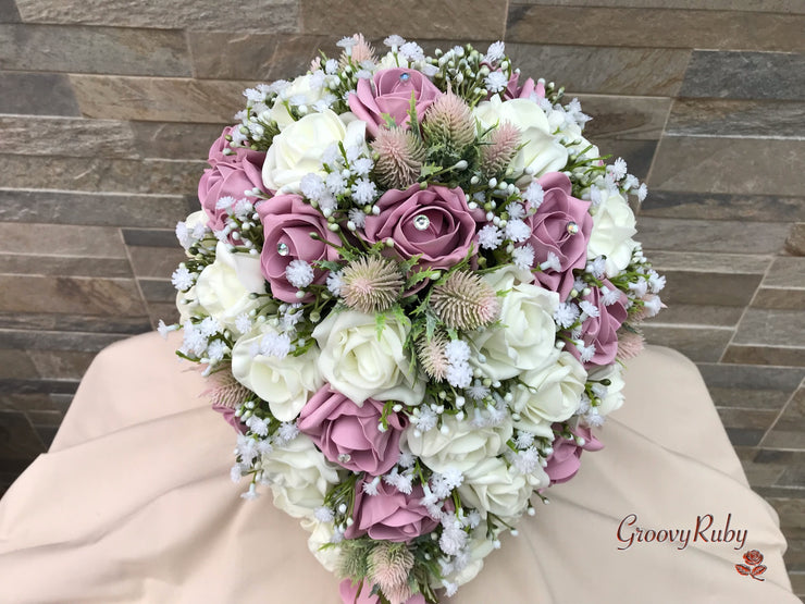 Light Pink Thistle With Foam Roses & Gypsophila