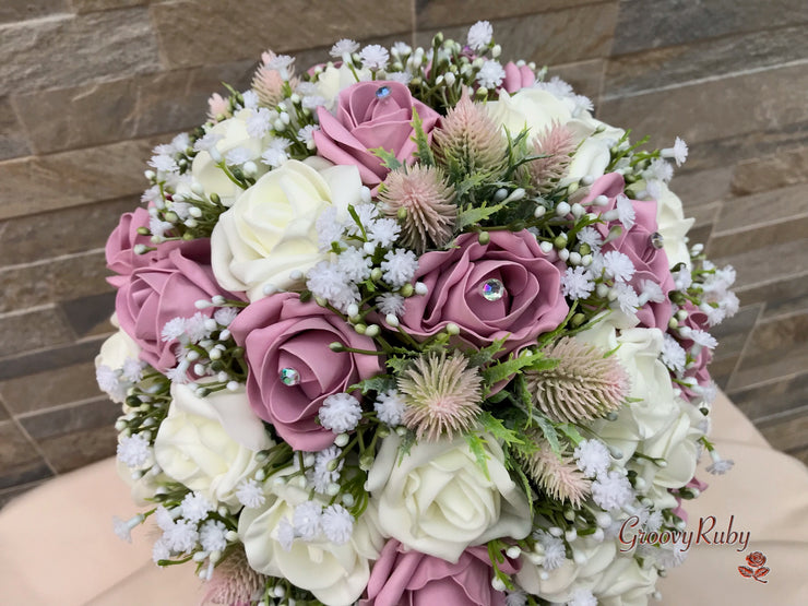 Light Pink Thistle With Foam Roses & Gypsophila