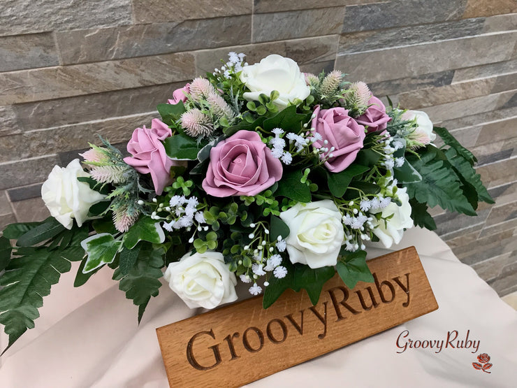 Light Pink Thistle With Foam Roses & Gypsophila