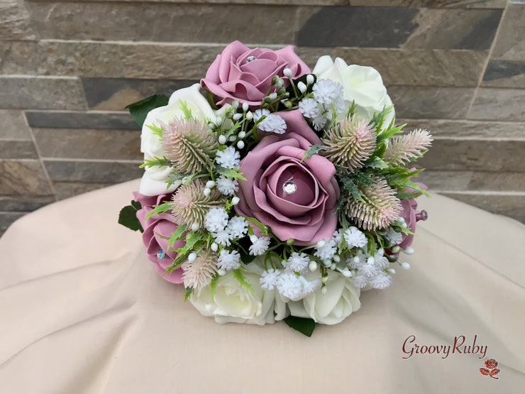 Light Pink Thistle With Foam Roses & Gypsophila