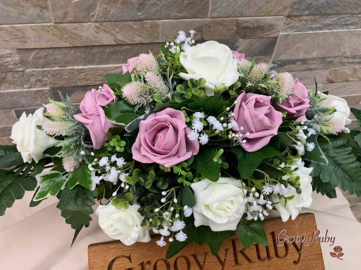 Light Pink Thistle With Foam Roses & Gypsophila