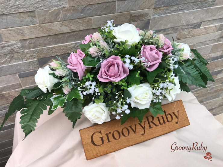 Light Pink Thistle With Foam Roses & Gypsophila