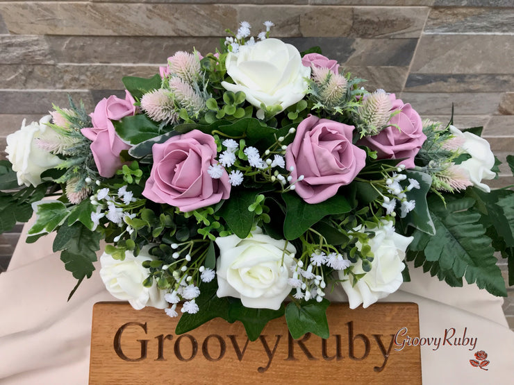 Light Pink Thistle With Foam Roses & Gypsophila