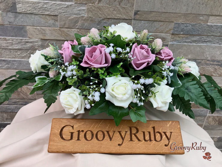 Light Pink Thistle With Foam Roses & Gypsophila