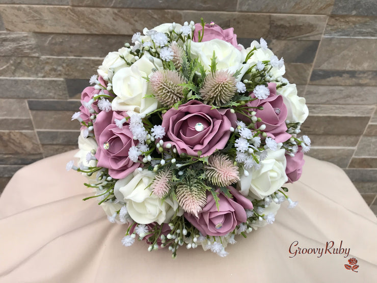 Light Pink Thistle With Foam Roses & Gypsophila
