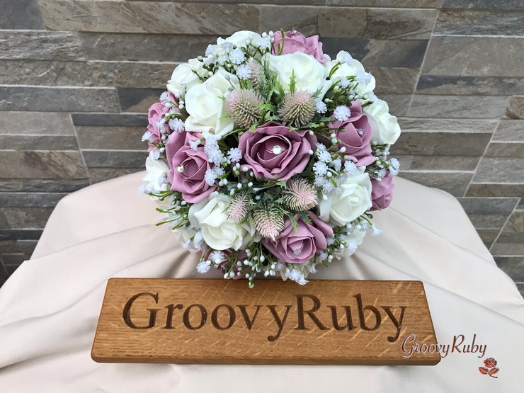 Light Pink Thistle With Foam Roses & Gypsophila