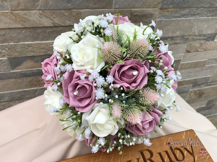 Light Pink Thistle With Foam Roses & Gypsophila