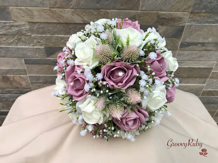 Light Pink Thistle With Foam Roses & Gypsophila