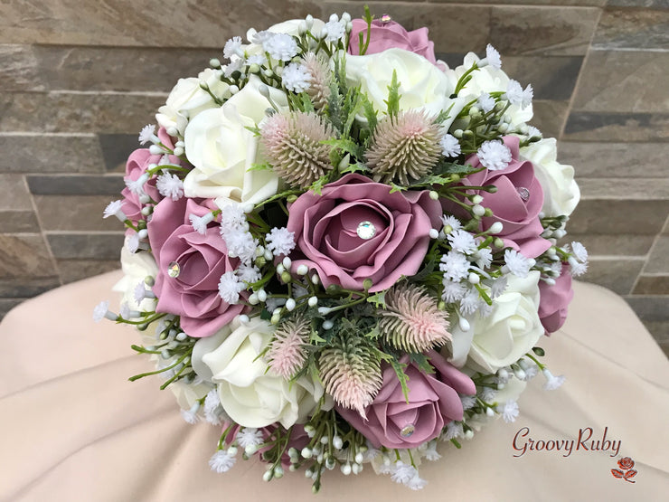 Light Pink Thistle With Foam Roses & Gypsophila