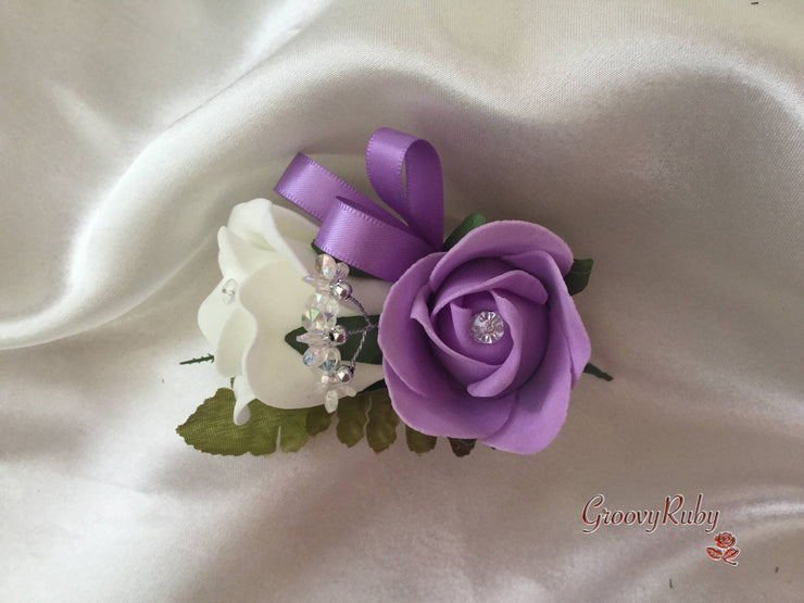 Ladies Pin On Corsage With Crystal Spray & Ribbon - Colour Combination Of Your Choice