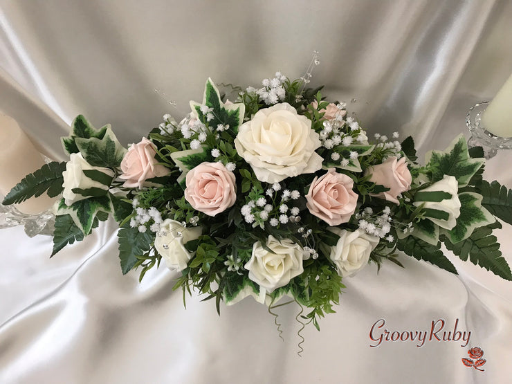 Long Table Arrangement With Mocha Pink & Ivory Roses & Gypsophila & Crystal Sprays