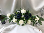 Navy & Ivory Rose With Silver & Crystal Butterfly
