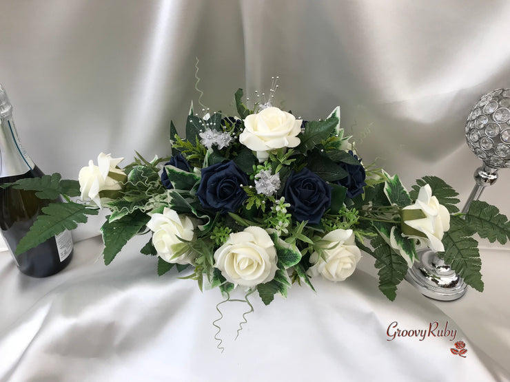 Navy & Ivory Rose With Silver & Crystal Butterfly