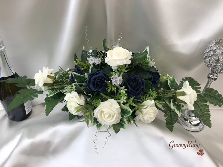 Long Table Arrangement With Navy & Ivory Roses & Babies Breath