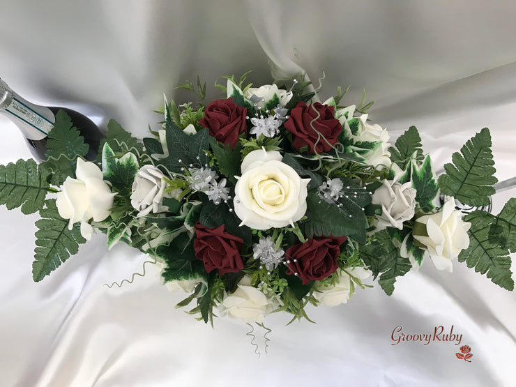 Long Table Arrangement With Burgundy, Silver & Ivory Roses & Babies Breath