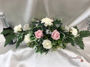 Long Table Arrangement With Dusky Pink, Silver & Ivory Roses & Babies Breath