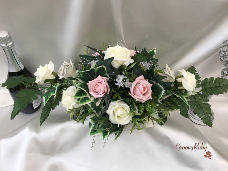 Long Table Arrangement With Dusky Pink, Silver & Ivory Roses & Babies Breath