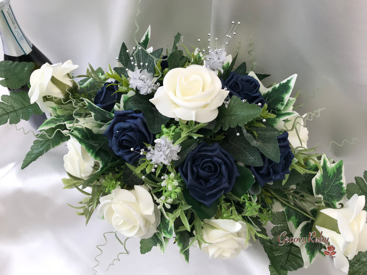 Navy & Ivory Rose With Silver & Crystal Butterfly
