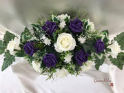 Long Table Arrangement With Cadbury Purple & Ivory Roses & Babies Breath