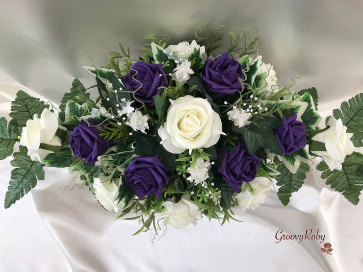 Long Table Arrangement With Cadbury Purple & Ivory Roses & Babies Breath