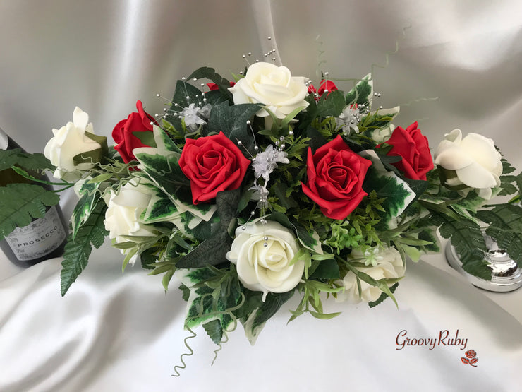 Long Table Arrangement With Red & Ivory Roses & Babies Breath