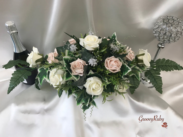 Long Table Arrangement With Mocha Pink & Ivory Roses & Babies Breath