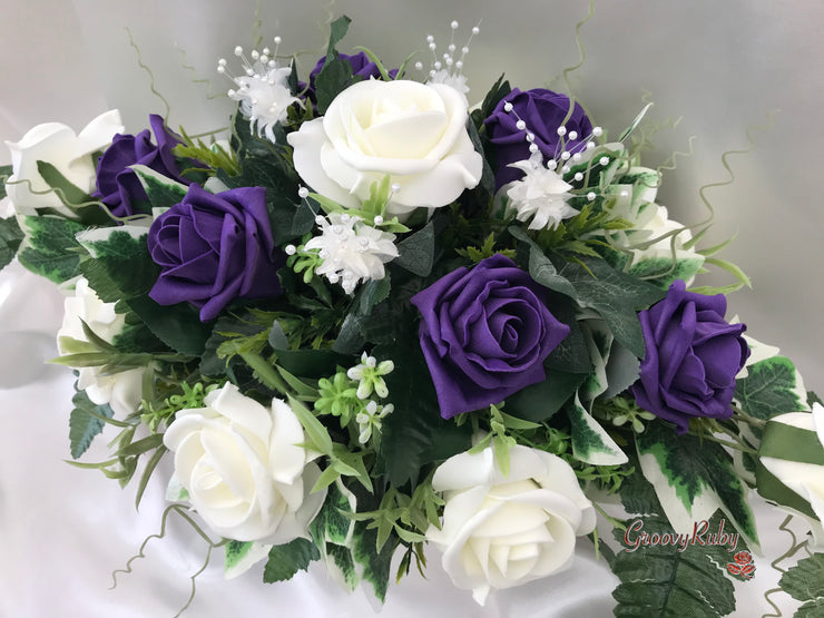 Long Table Arrangement With Cadbury Purple & Ivory Roses & Babies Breath