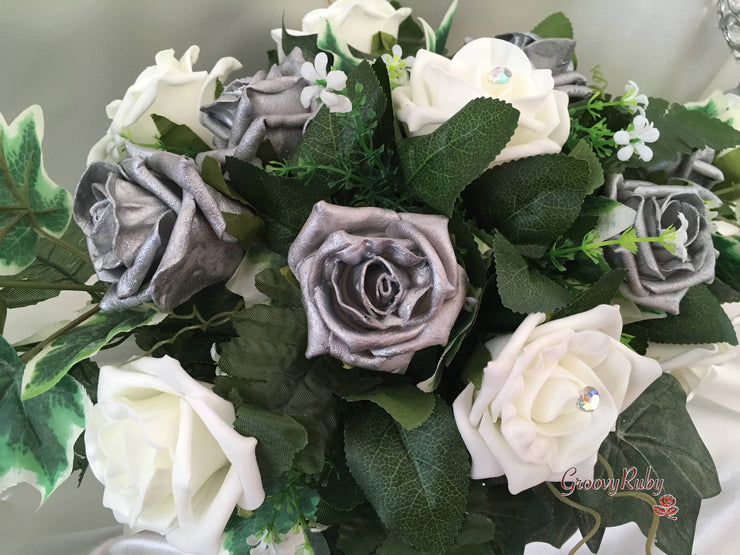 Pearlised Silver & Ivory Roses Long Table Centrepiece