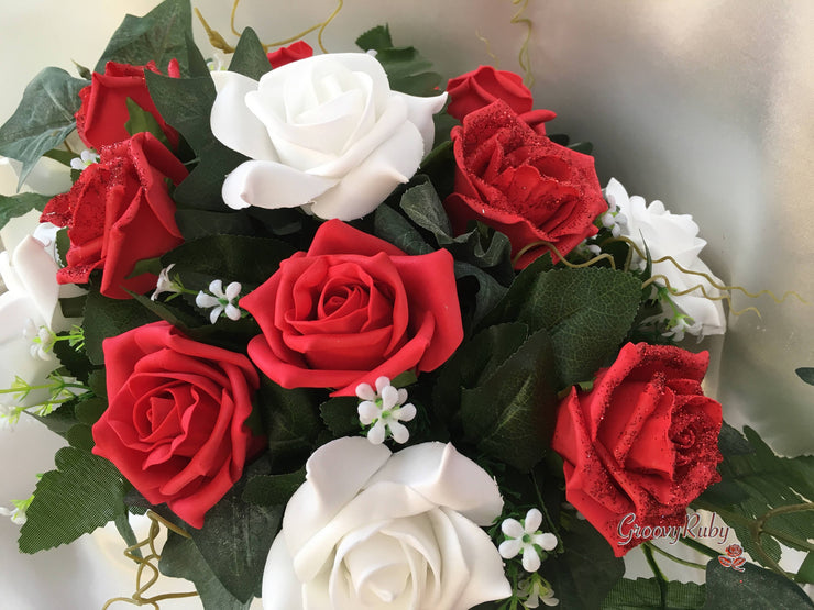 Red Glitter Rose With Silver Babies Breath
