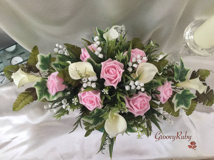 Baby Pink Rose, Lily of the Valley & Large Calla Lily With Diamante Brooch