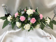 Long Table Arrangement With Baby Pink & Ivory Roses & Babies Breath